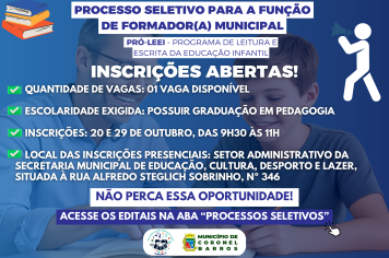 Abertas as inscrições para PROCESSO SELETIVO PARA A FUNÇÃO DE FORMADOR(A) MUNICIPAL