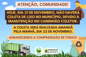 Hoje não haverá coleta de lixo em Coronel Barros