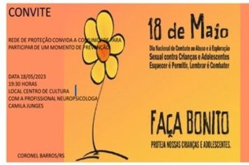 Convite: Evento é alusivo ao Dia Nacional de Combate ao Abuso e à Exploração Sexual contra Crianças e Adolescentes