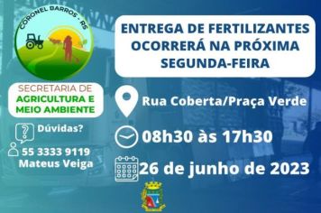 Entrega de fertilizantes ocorrerá na próxima segunda-feira