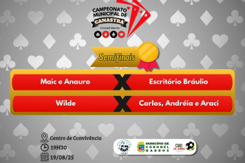 Terça-feira, 19 de agosto de 2025, às 19h30, no Centro de Convivência ocorre a semifinal da série ouro do Campeonato Municipal de Canastra de Coronel Barros.