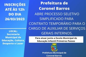 SMECDL abre processo seletivo simplificado de Auxiliar de Serviços Gerais Internos para atuar junto a Escola Municipal de Educação Infantil Primeiros Passos 