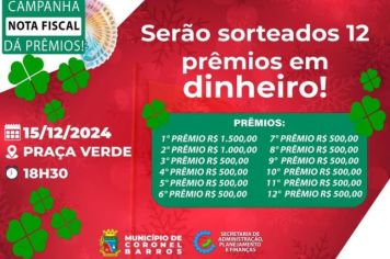 Sorteio da campanha “Nota Fiscal dá Prêmios 2024” acontece neste domingo em Coronel Barros