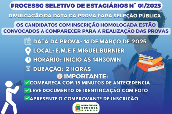 A Prefeitura de Coronel Barros divulga o deferimento das inscrições do PROCESSO SELETIVO DE ESTAGIÁRIOS N° 01/2025 e informa a data da prova!