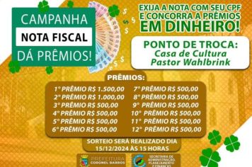 A Prefeitura de Coronel Barros, através da Secretaria de Administração, Planejamento e Finanças, já iniciou a troca das notas fiscais por cartelas, a fim de que o contribuinte possa concorrer aos prêmios de R$ 1.500,00, R$ 1.000,00 e 10 prêmios de R$ 500,
