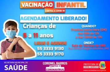 Agendamento para vacinação é liberado para crianças de 5 anos a 11 anos