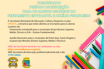 PERÍODO DE INSCRIÇÃO PARA OS ALUNOS USUÁRIOS DO FRETAMENTO ESTUDANTIL E AUXÍLIO FINANCEIRO