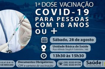 Sábado, 28 de agosto tem vacinação contra a Covid-19 para pessoas de 18 anos ou mais