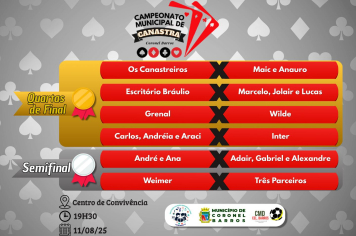 Segunda-feira, 11 de agosto de 2025, às 19h30, no Centro de Convivência ocorre as quartas de final da ouro e a semifinal da prata do Campeonato Municipal de Canastra de Coronel Barros.