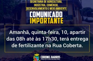 Entrega de fertilizante na Rua Coberta em Coronel Barros/RS nesta quinta-feira, 10.
