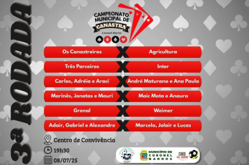 Amanhã, terça-feira, 08 de julho de 2025, às 19h30, no Centro de Convivência ocorre a 3ª rodada do Campeonato Municipal de Canastra de Coronel Barros. 