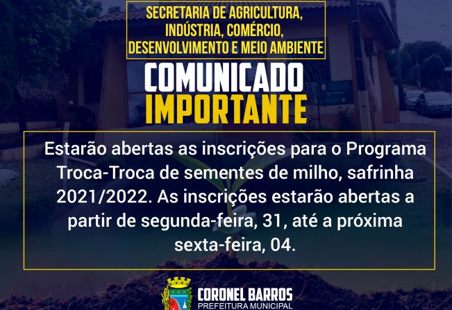 Estão abertas as inscrições para o Programa Troca-Troca de sementes de milho, safrinha 2021/2022