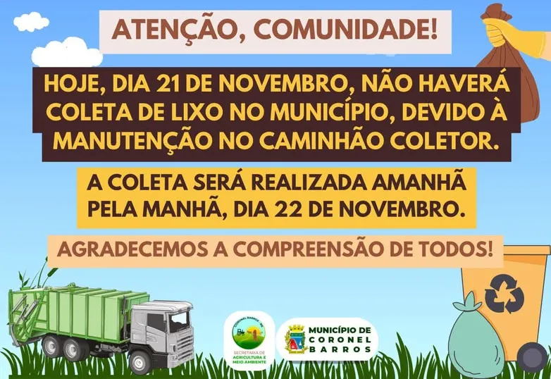 Hoje não haverá coleta de lixo em Coronel Barros