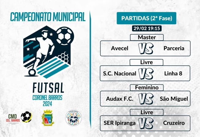 Nesta quinta-feira, 29 de fevereiro, tem a 2ª rodada do Campeonato Municipal de Futsal de Coronel Barros.