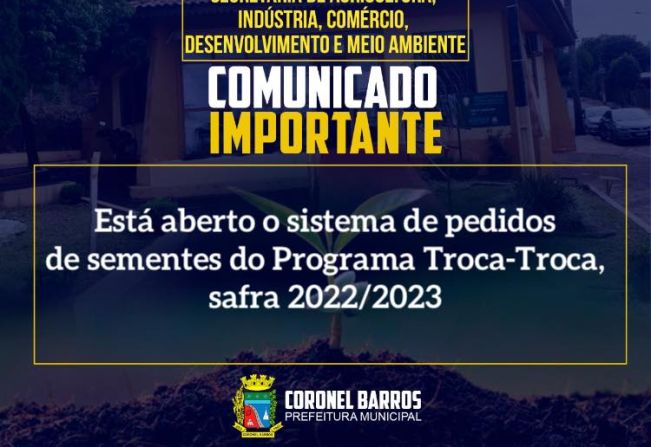 Pedidos para o programa Troca-Troca de Sementes podem ser feitos na Secretaria de Agricultura a partir desta segunda (30) até dia 17 de junho