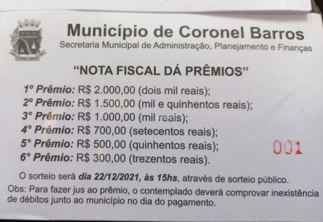 Notas fiscais podem ser trocadas por cartelas para concorrer a prêmios