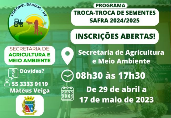 Estão abertas as inscrições para o Troca-Troca de Sementes Safra 2024/2025