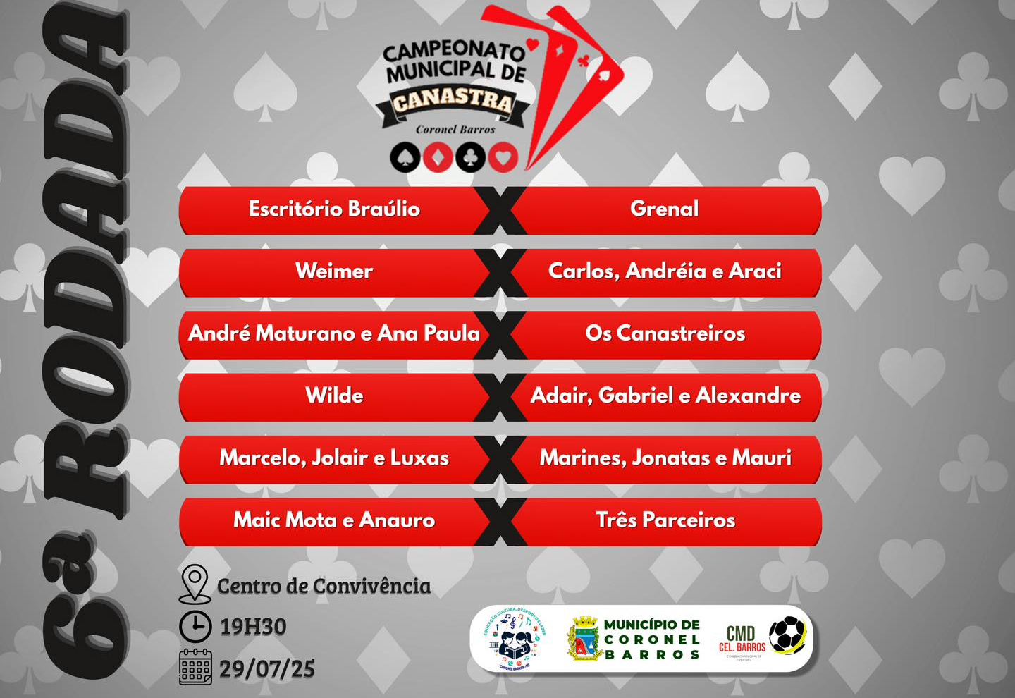 Hoje, terça-feira, 29 de julho de 2025, às 19h30, no Centro de Convivência ocorre a 6ª rodada do Campeonato Municipal de Canastra de Coronel Barros.  Confira os confrontos: