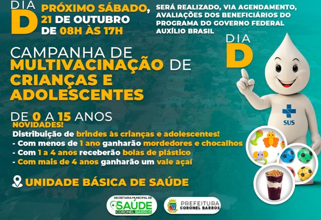 No próximo sábado, dia 21 de outubro, acontecerá o Dia D da Multivacinação em Coronel Barros.