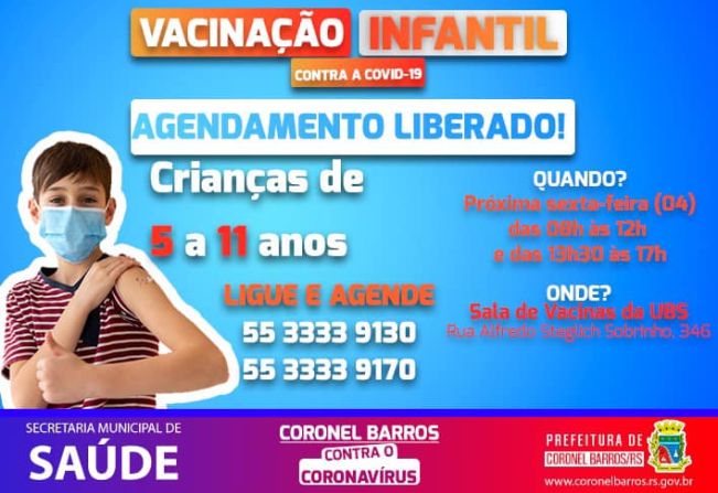 Agendamento para vacinação é liberado para crianças de 5 anos a 11 anos