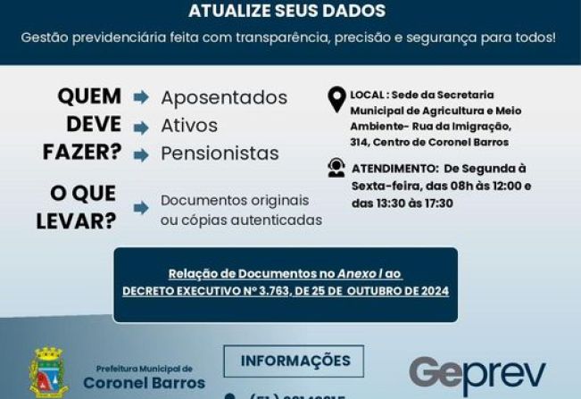 Atualização dos dados do Censo Previdenciário em Coronel Barros acontece de 18 a 29 de novembro