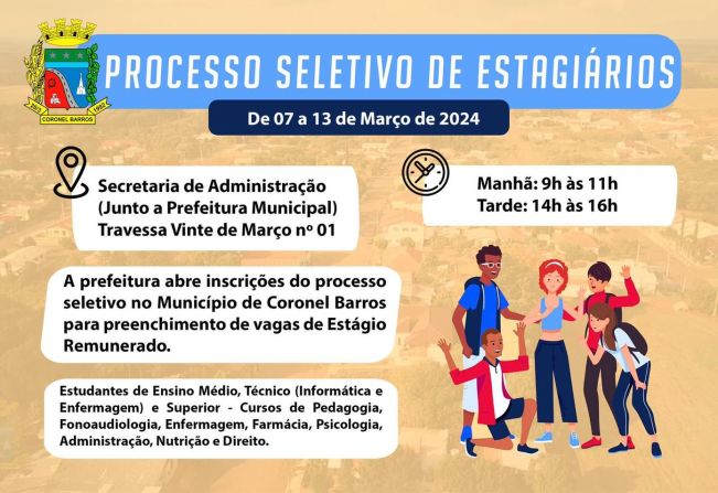 Prefeitura de Coronel Barros abre inscrições para Processo Seletivo de Estágio