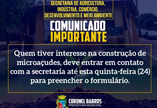 As inscrições vão até quinta-feira (24) para serem construídos microaçudes nas propriedades rurais