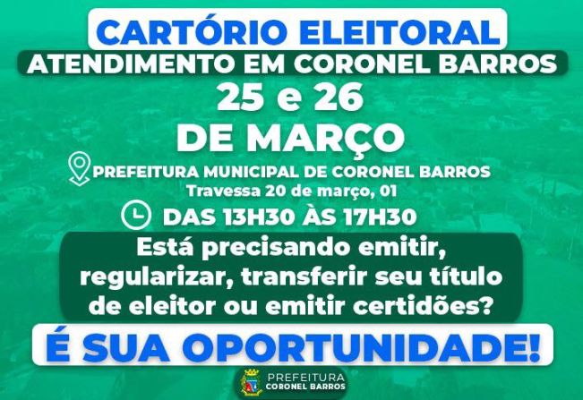 COMUNICADO O Cartório Eleitoral de Ijuí comunica que estará realizando o atendimento dos eleitores no município de Coronel Barros nos dias 25/03 (segunda) à 26/03/2024 (terça), das 13:30 às 17:30h.