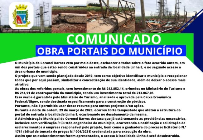 Comunicado: OBRAS DOS PORTAIS DO MUNICÍPIO