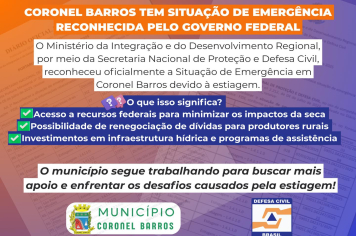 Governo Federal reconhece Situação de Emergência em Coronel Barros devido à estiagem