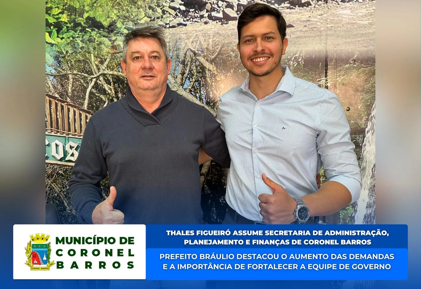 Prefeito Bráulio Scherer nomeia o vereador Thales Rauber Figueiró como novo secretário de Administração, Planejamento e Finanças de Coronel Barros