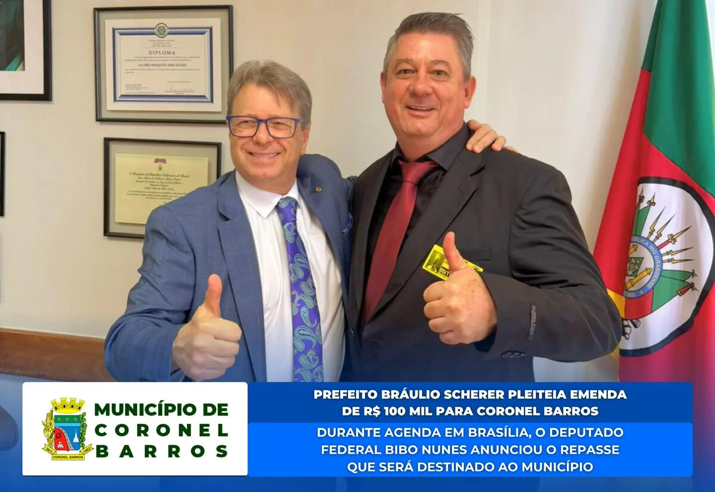 Deputado Bibo Nunes destina R$ 100 mil em emenda para Coronel Barros