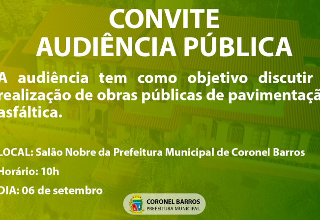 Prefeito de Coronel Barros convoca população para audiência pública sobre obras de pavimentação asfáltica