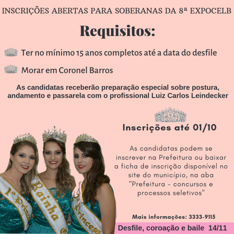 Abertas as inscrições para se candidatar à Escolha das Soberanas da 8ª Expocelb